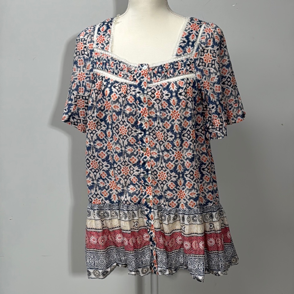 beachlunchlounge Blouse Blue White Babydoll Peplum Tiered Small Flutter Sleeves
